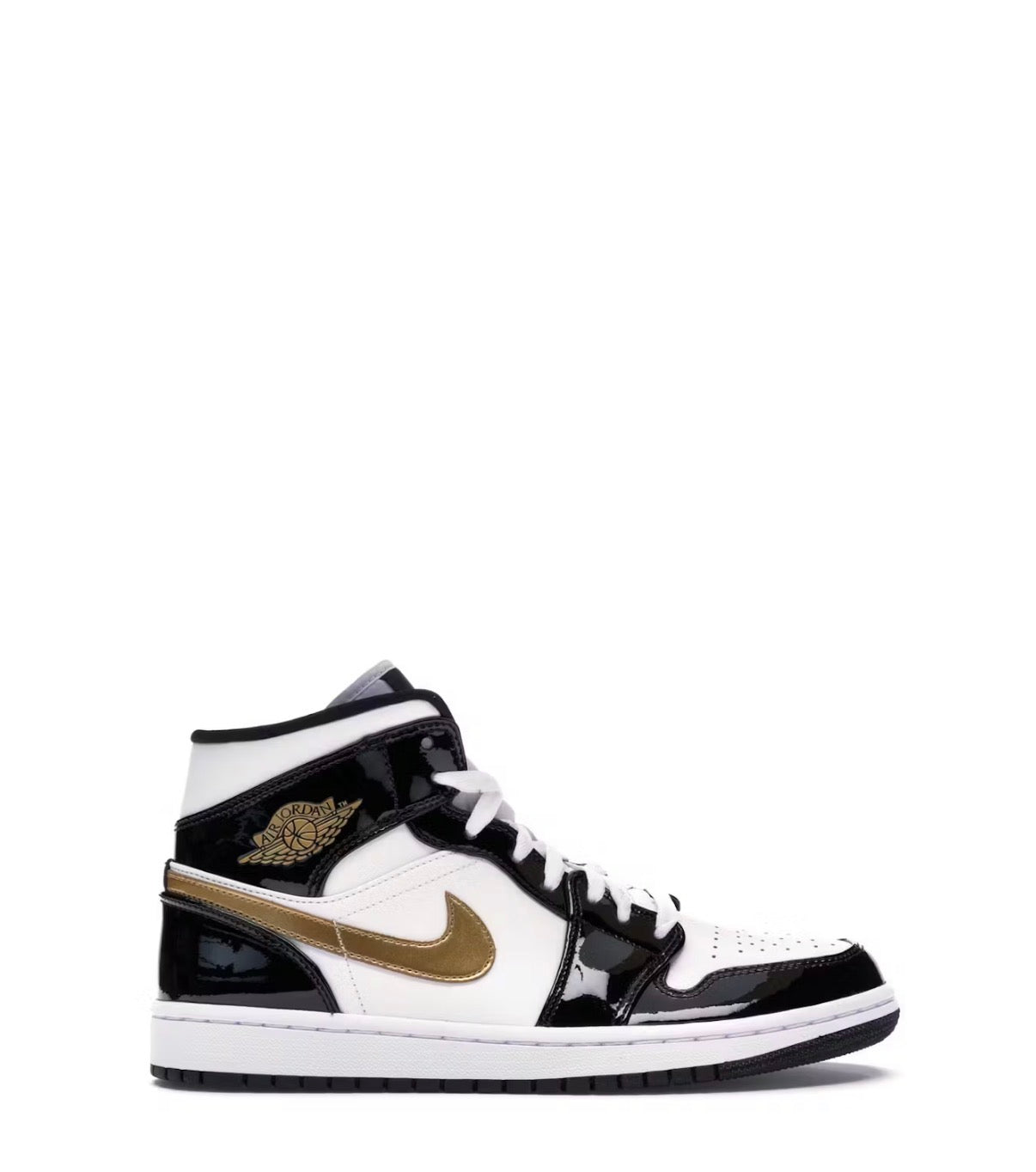 Jordan 1 Mid Patent Black White Gold